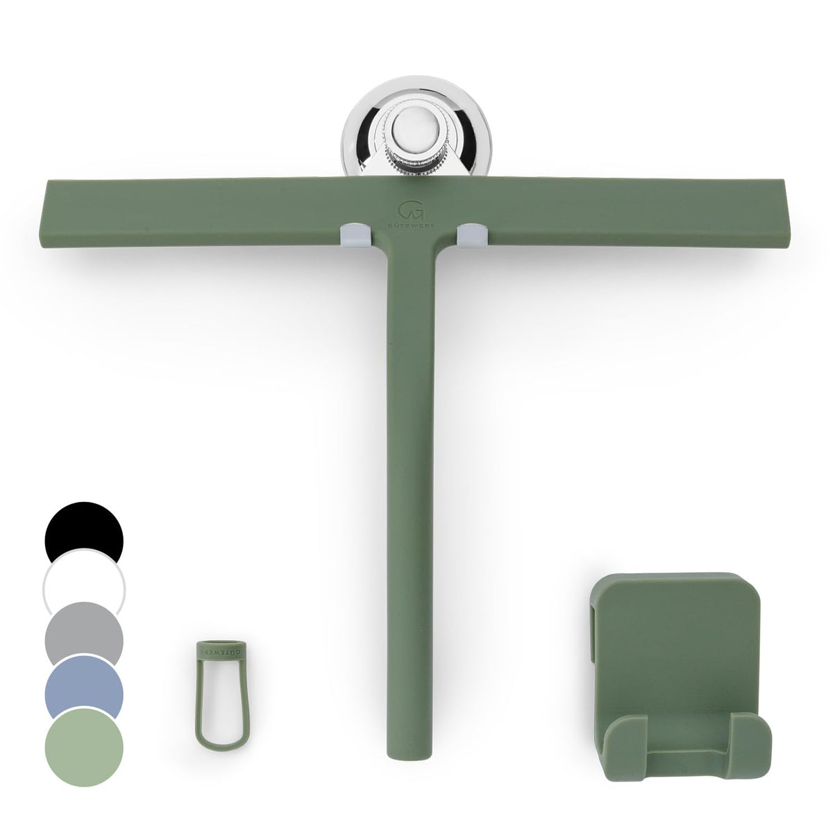 GÜTEWERK silicone squeegee in green on glass door for streak-free shine.