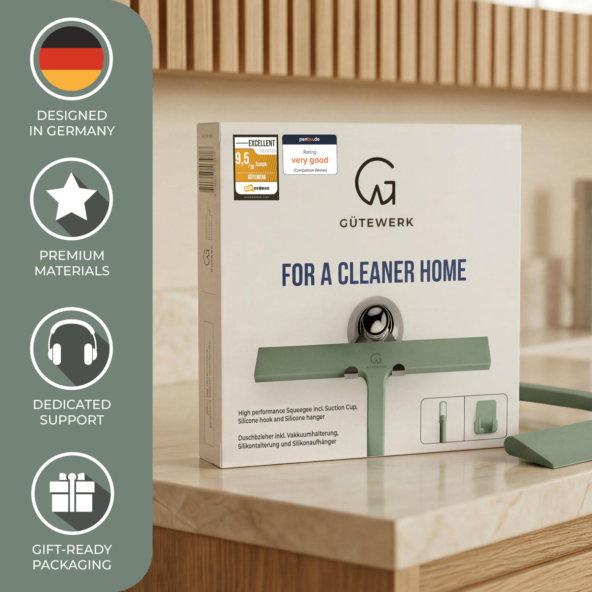 GÜTEWERK suction mount demonstrates quick tool-free attachment on smooth surfaces.