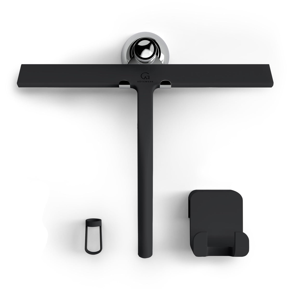 GÜTEWERK silicone shower squeegee with matte black finish for streak-free glass cleaning.