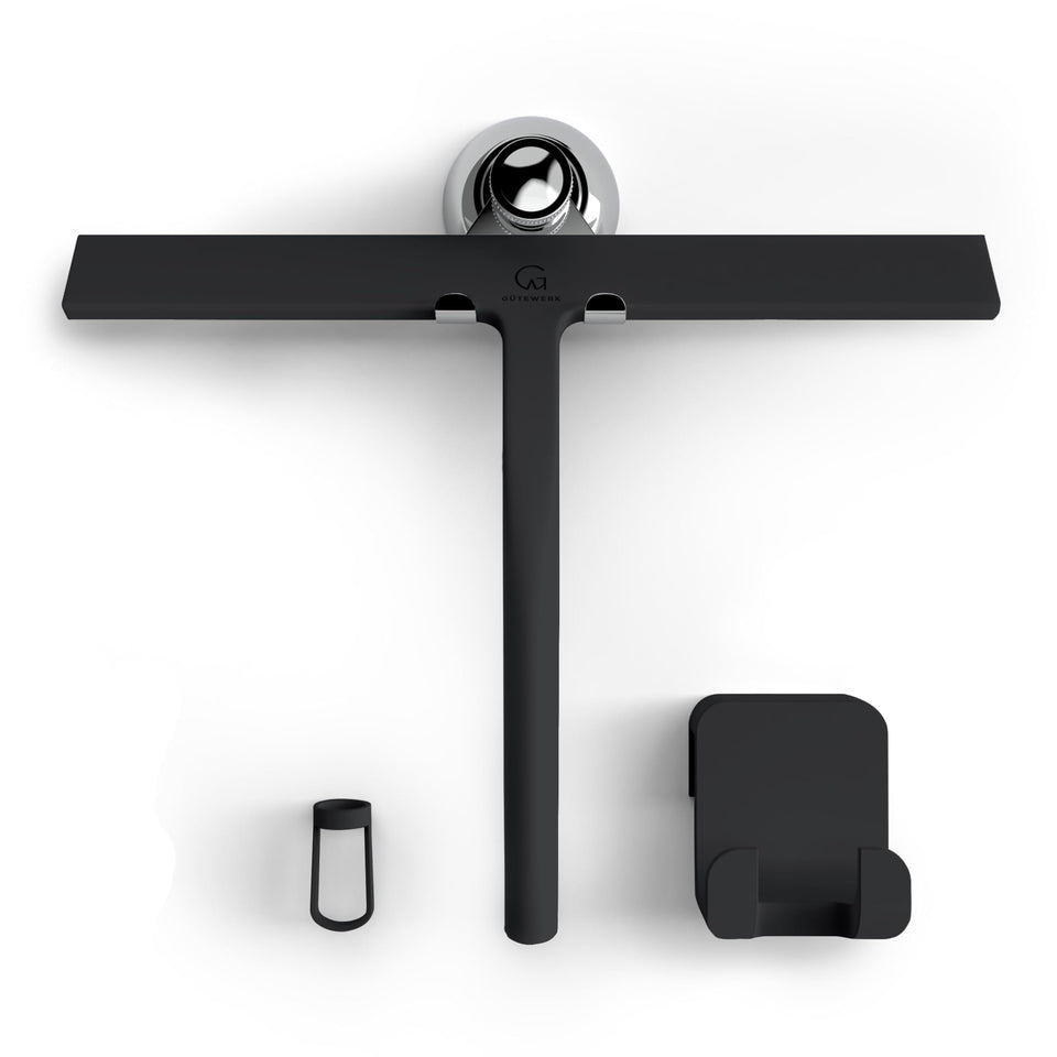 GÜTEWERK silicone shower squeegee with matte black finish for streak-free glass cleaning.