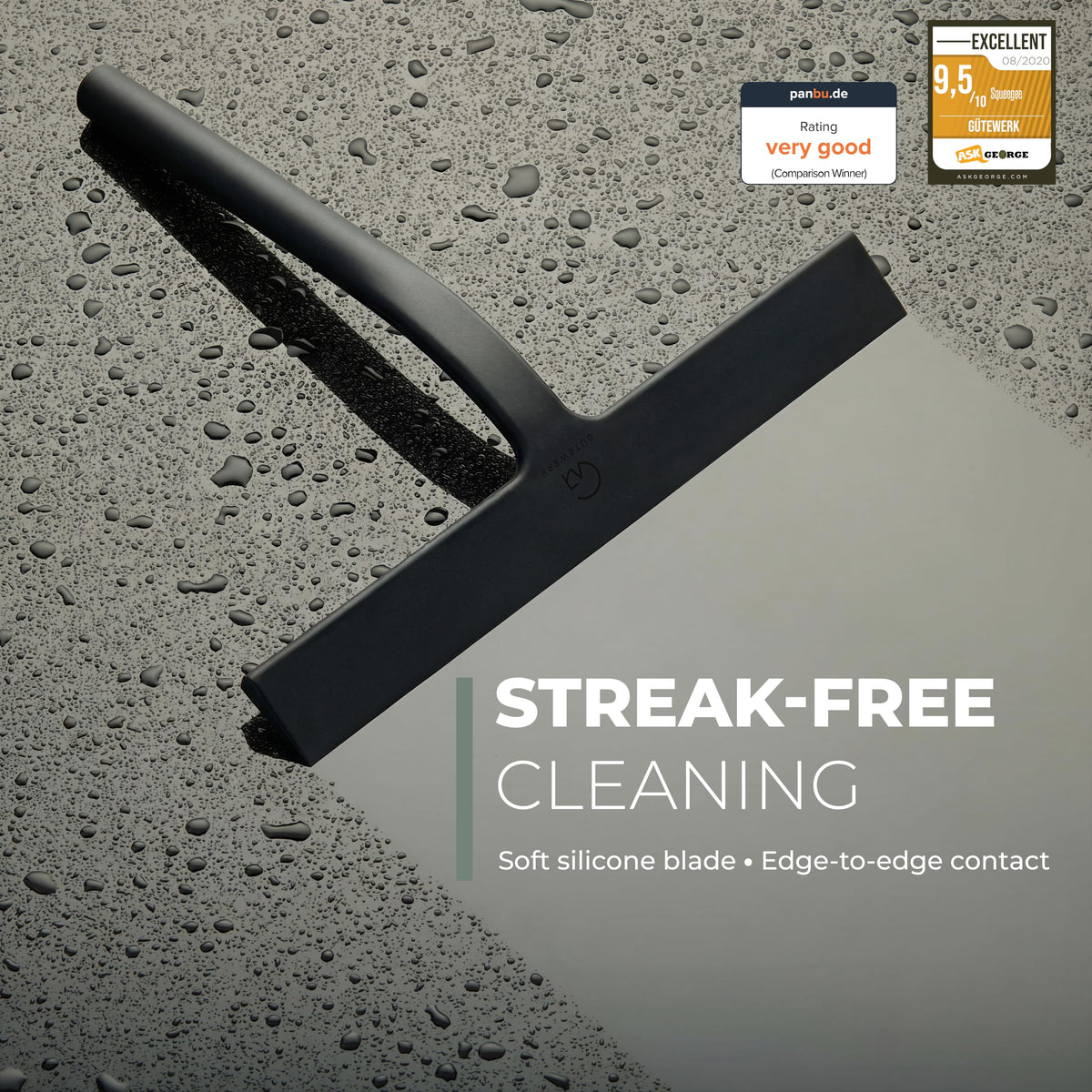 GÜTEWERK squeegee with strong suction hook for no-drill mounting on smooth surfaces.
