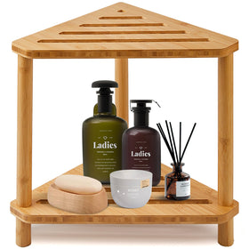 GUGIGIP bamboo corner shower stool assembly demonstrates quick setup and sturdy support.