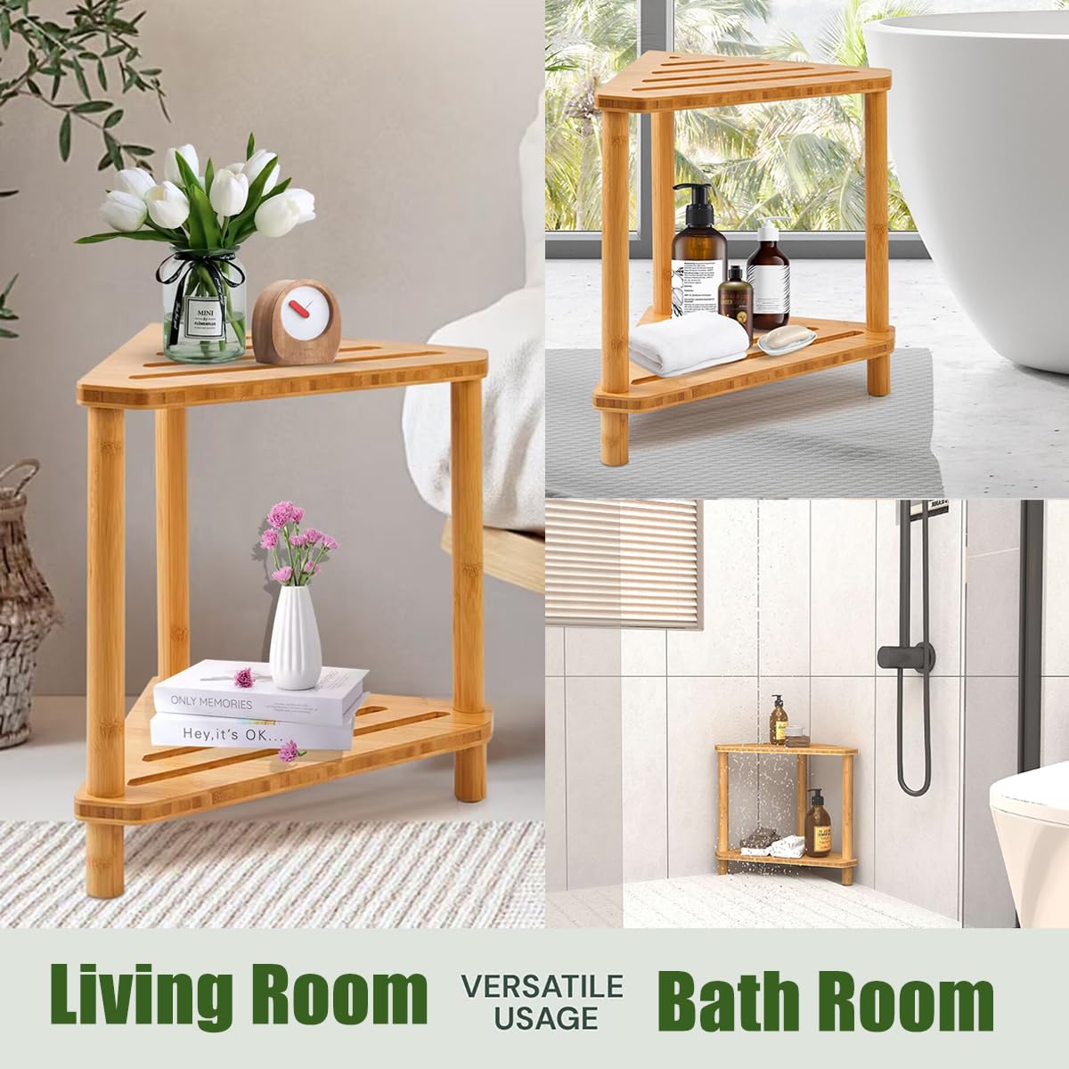 GUGIGIP bamboo corner shower stool durable-material crafted from natural bamboo for long lasting use.