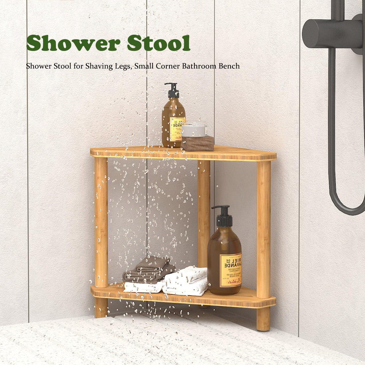 GUGIGIP bamboo corner shower stool non-slip-feet prevents sliding on wet tiles.
