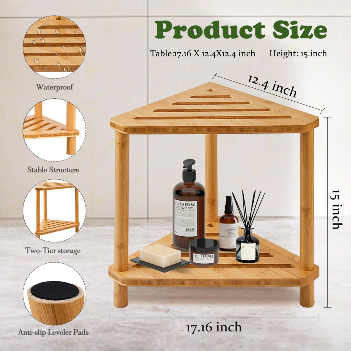 GUGIGIP bamboo corner shower stool storage-compartment keeps bath items neatly stored.