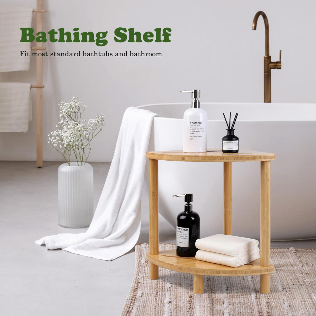GUGIGIP bamboo corner stool with storage shelf neatly organizing shower essentials