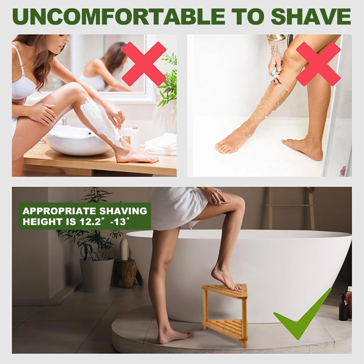 GUGIGIP bamboo corner shower stool two-tier-design offers foot rest and storage.