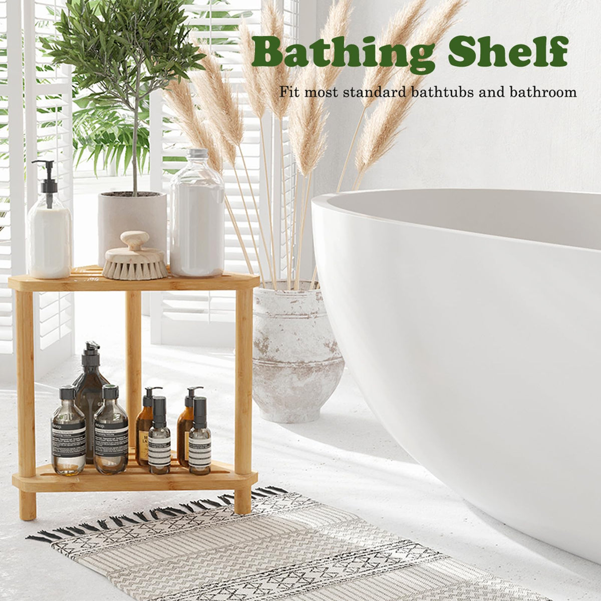 GUGIGIP bamboo corner shower stool waterproof design resists moisture for lasting bathroom use.