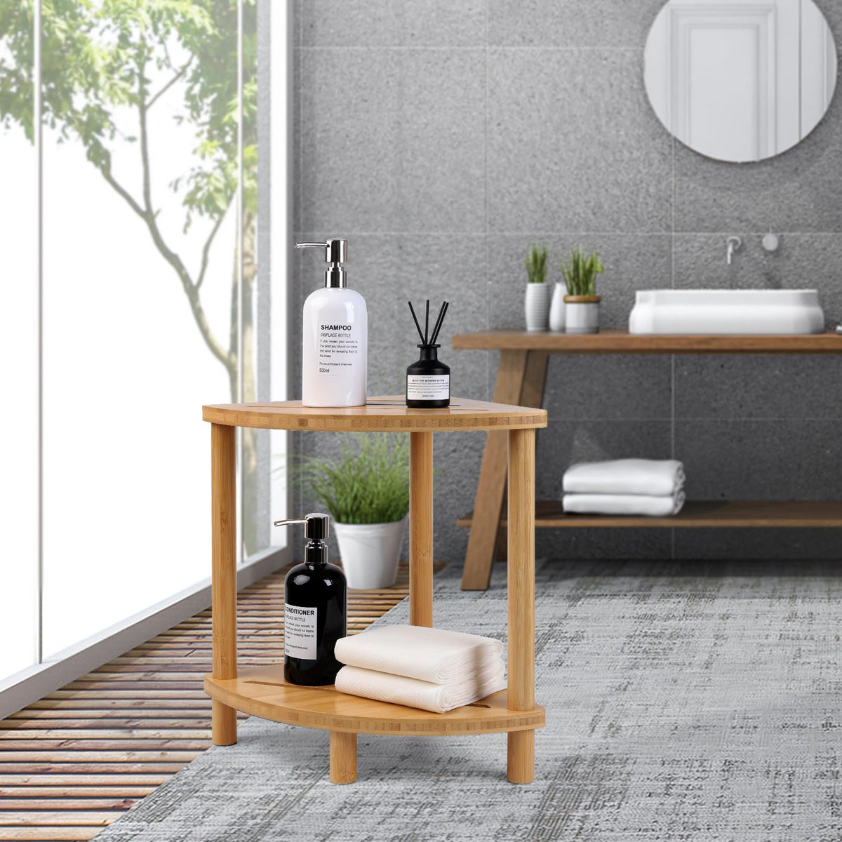 GUGIGIP multi-use stool functioning as a side table when not in the shower