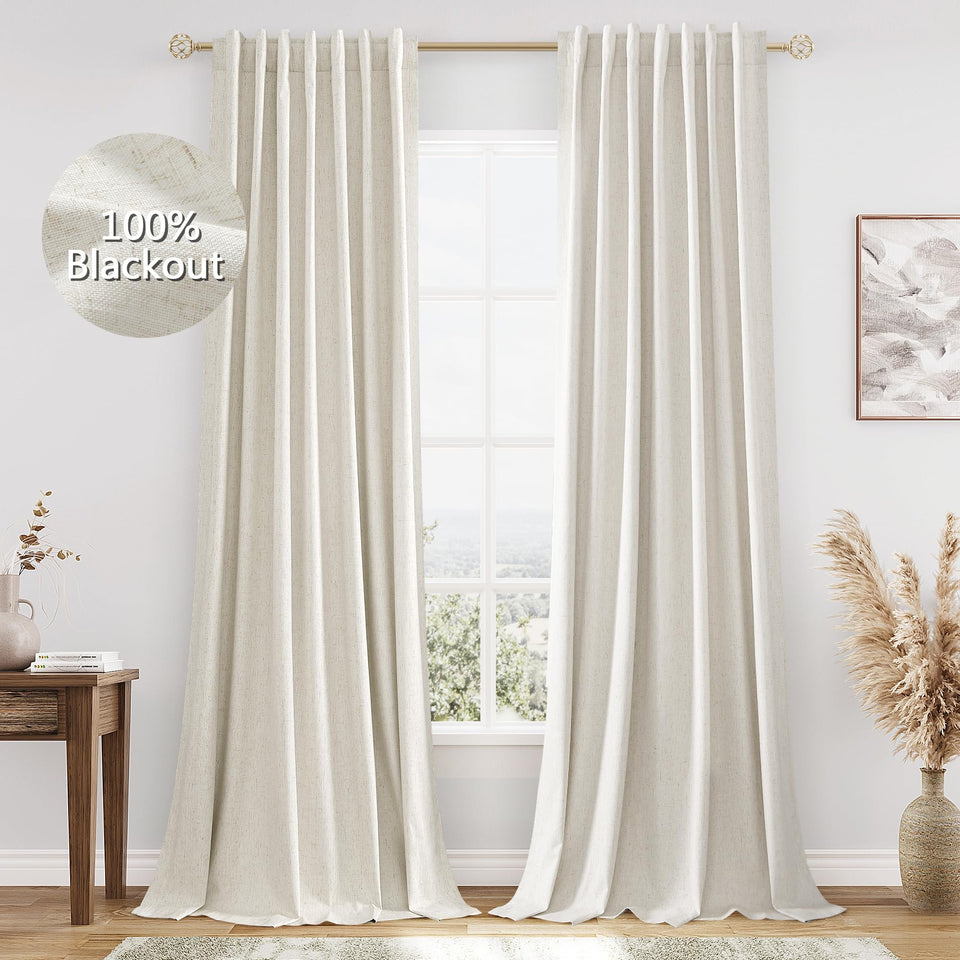 Guken Cream blackout linen curtains front view for privacy and room darkening