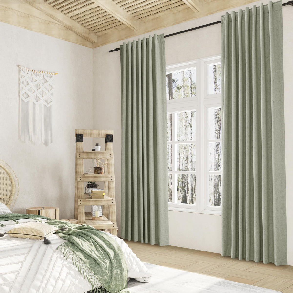 Farmhouse style living room with Guken curtains and neutral decor