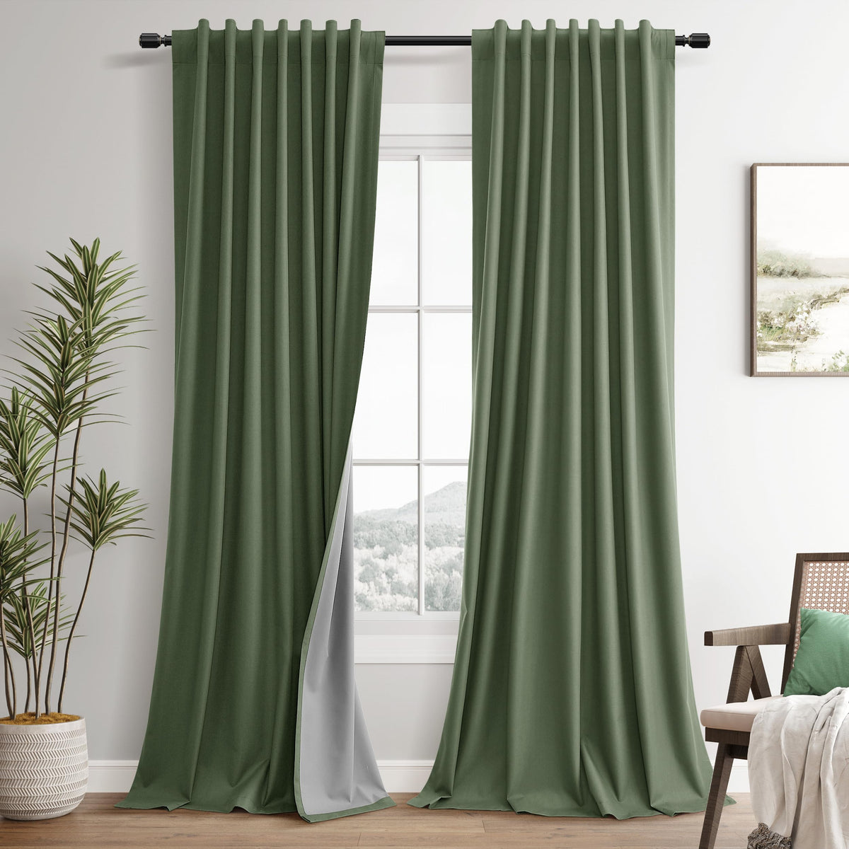 Guken olive green linen blackout curtains close-up with light-blocking backing for privacy.