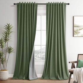 Guken olive green linen blackout curtains close-up with light-blocking backing for privacy.