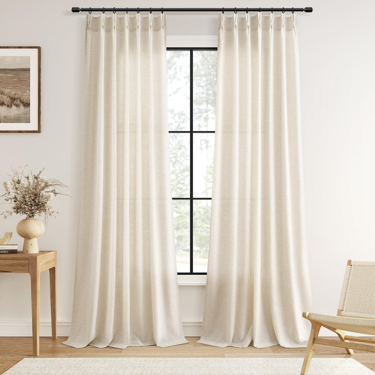 Guken pinch pleated linen curtains in a living room setup, diffused light creates a welcoming ambiance