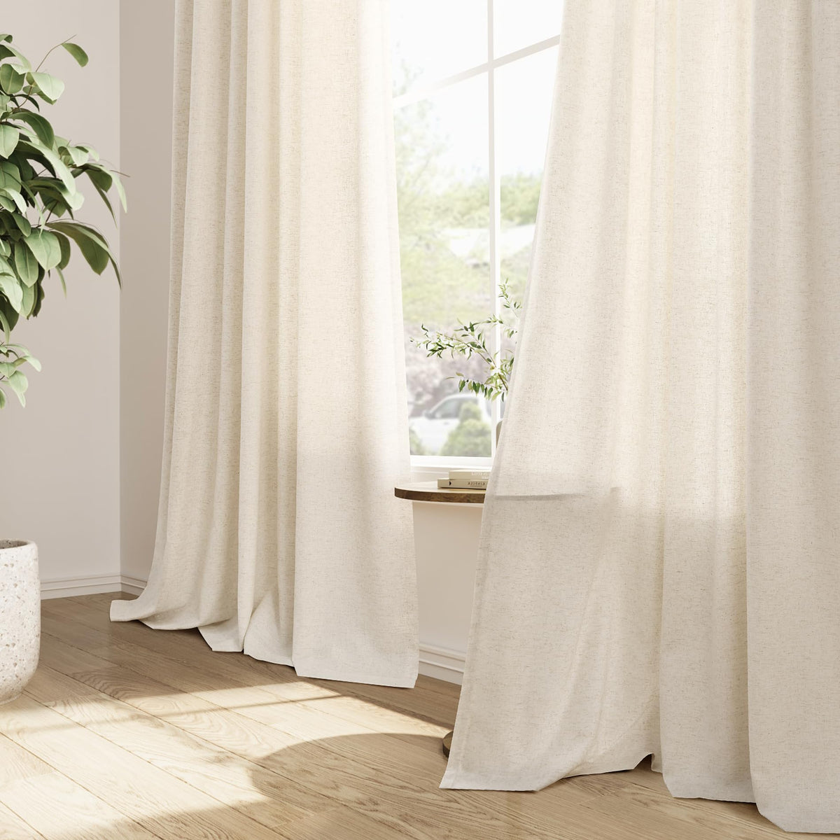 Light filtering linen fabric softens sunlight while preserving a view