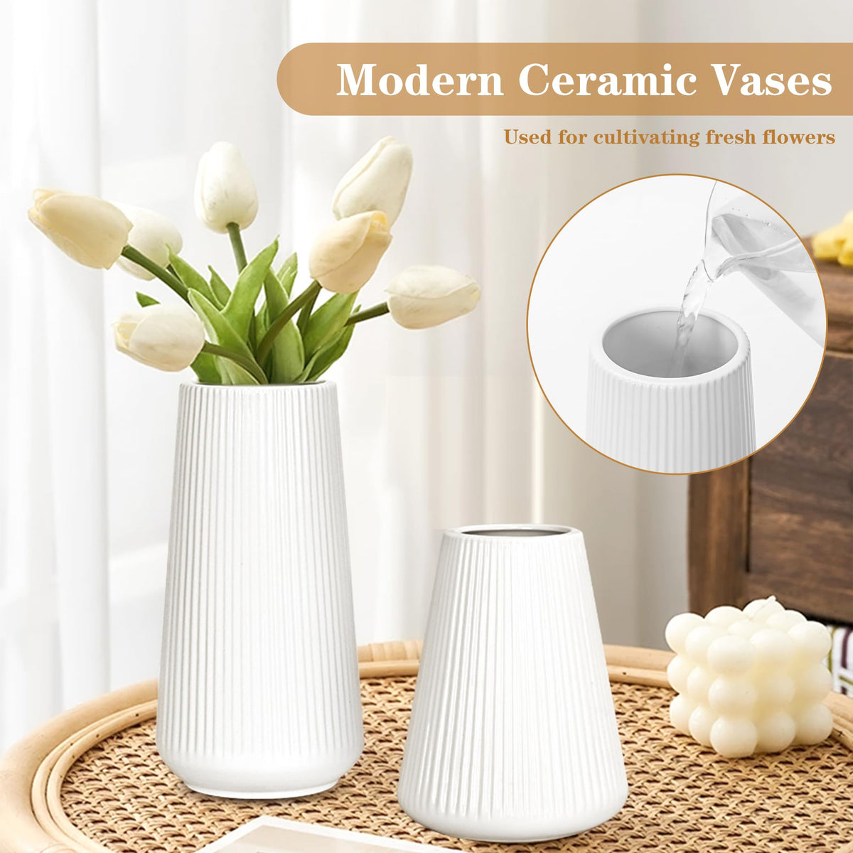 GUKJOB white vase on dining table setup with pampas grass for elegant centerpiece.