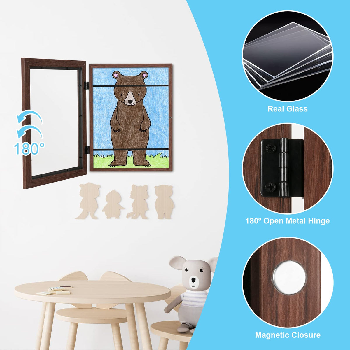 Frames support vertical or horizontal hanging for flexible wall layout