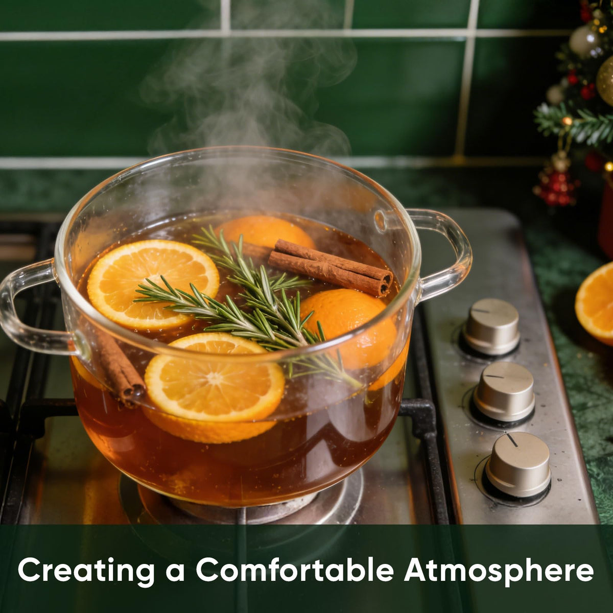 Guluxly Simmer Pot in a pot atop a stove releasing continuous aroma