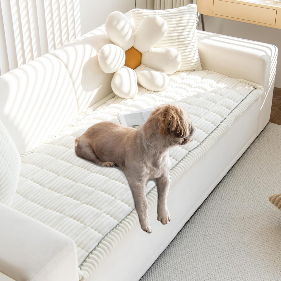 Gumfolk pet couch cover in soft white, protecting sofa from spills and claws.