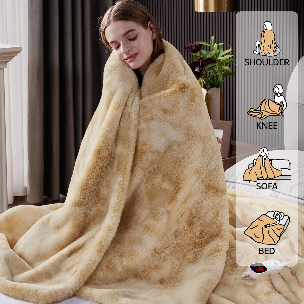 Guohaoi heated blanket showing 10 heat levels for customizable comfort.