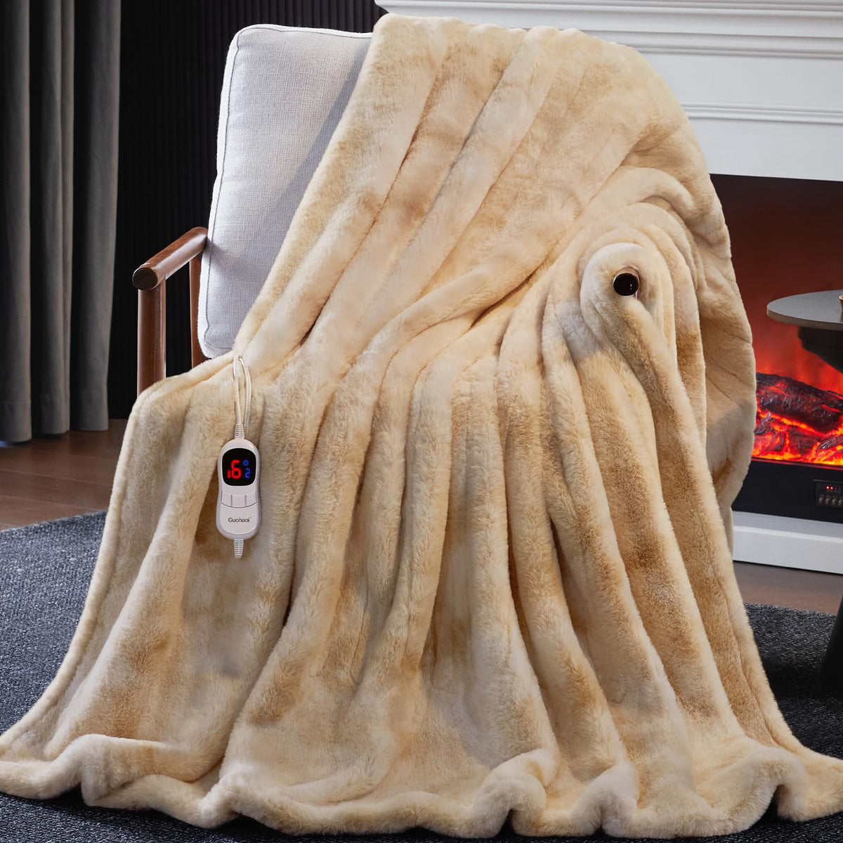 Guohaoi heated blanket with soft faux rabbit fur for cozy living room warmth.