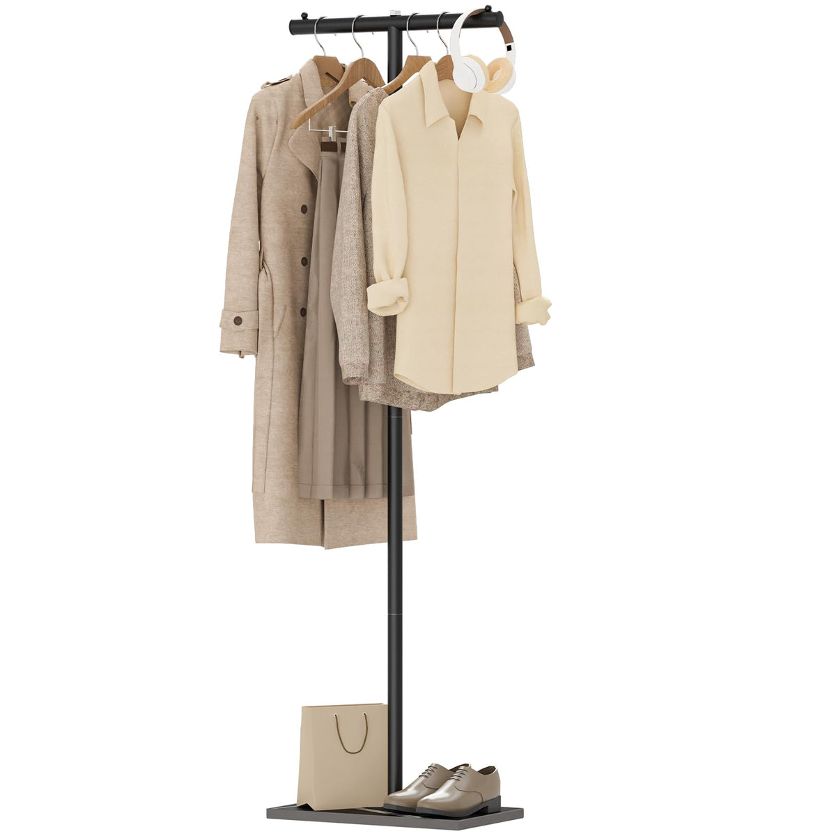 GUOHNHE T-shaped coat rack with rock slab base provides sturdy daily jacket support.