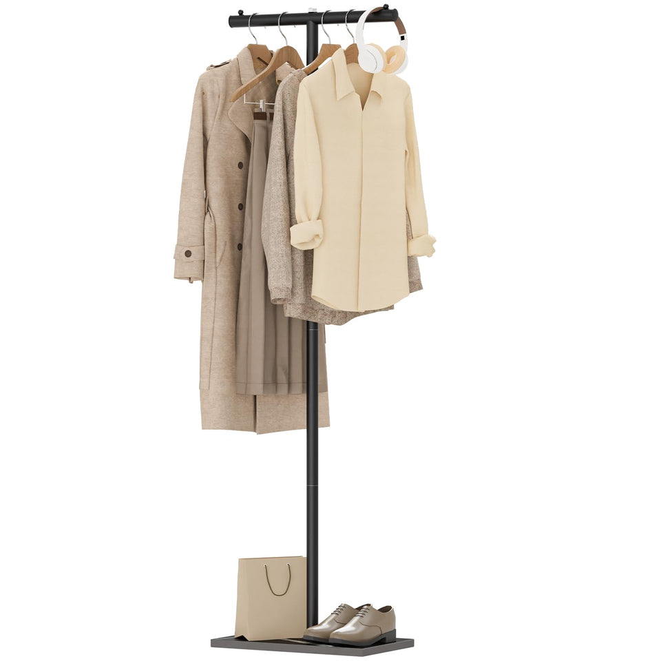 GUOHNHE T-shaped coat rack with rock slab base provides sturdy daily jacket support.