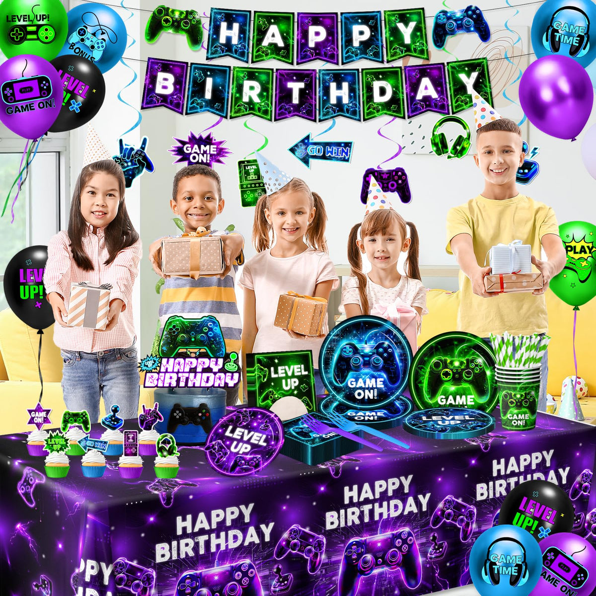 Gupesxu neon hanging swirls brighten the space for a gamer birthday