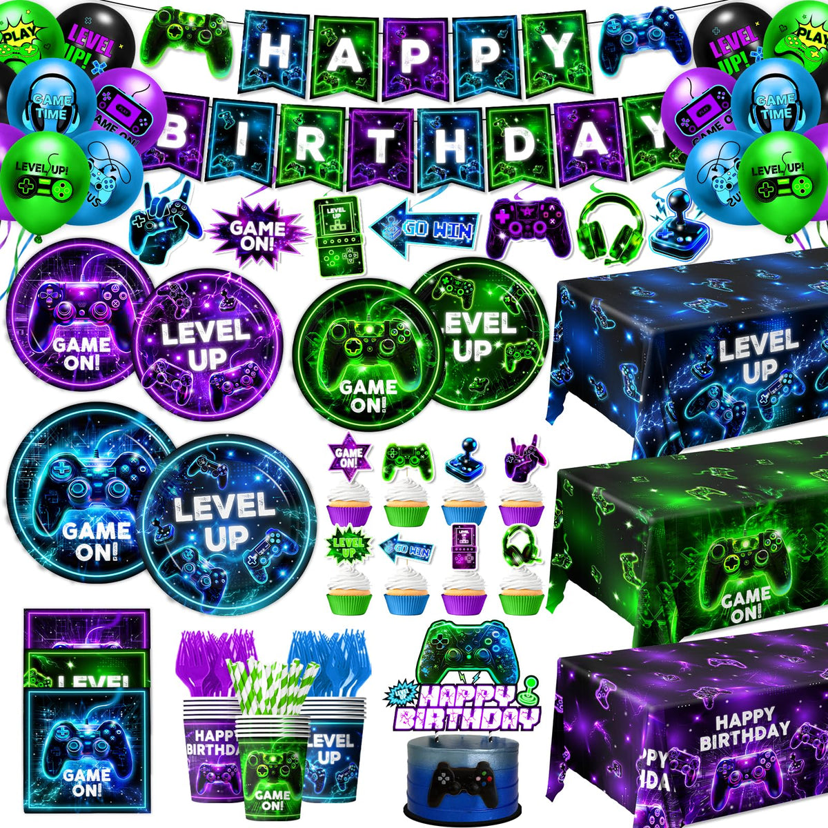 Gupesxu video game birthday tableware set creates a dynamic gaming party backdrop