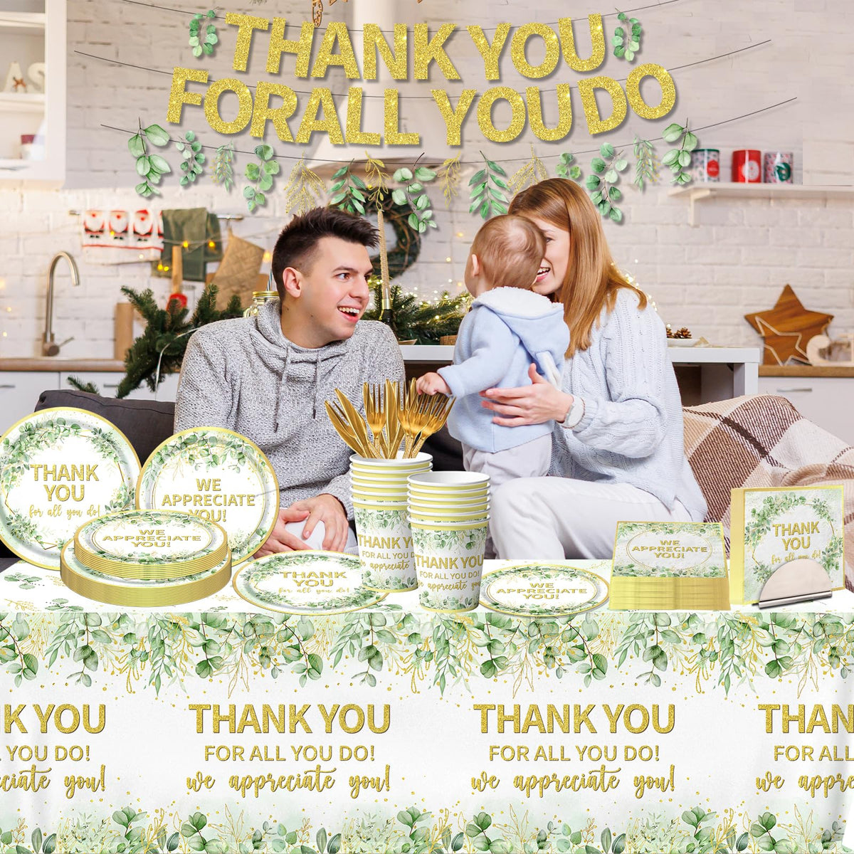 Gupesxu We Appreciate You sage green banner brightens event decor.
