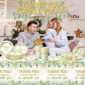 Gupesxu We Appreciate You sage green banner brightens event decor.