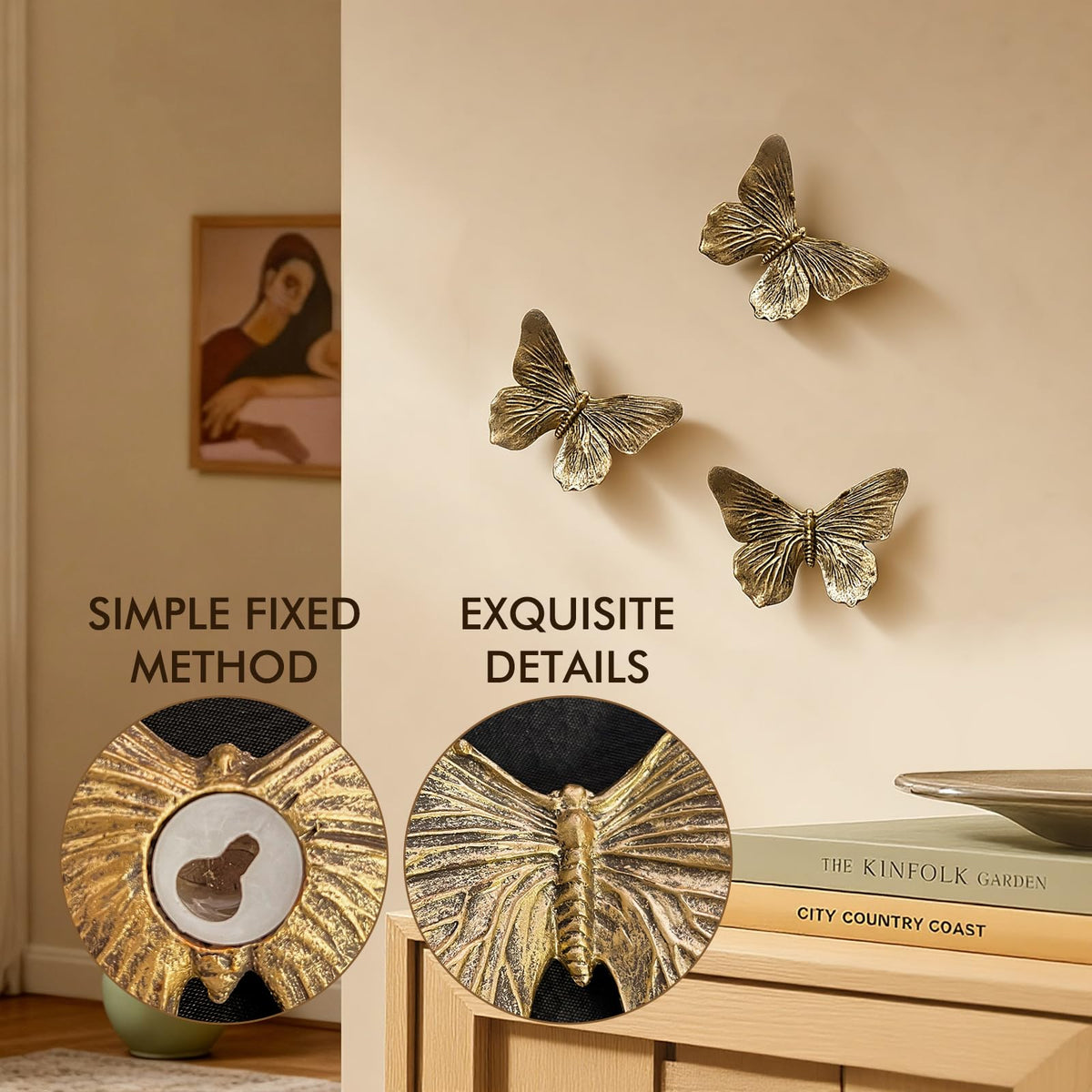 GUSFREUD living room display featuring three butterfly wall decors