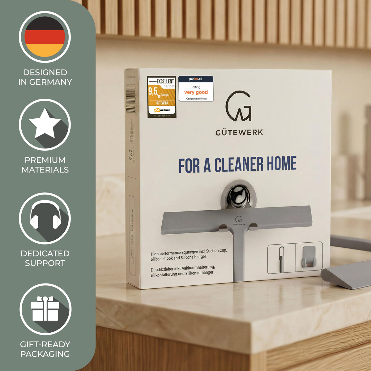 GÜTEWERK squeegee mounted with adhesive on tiles