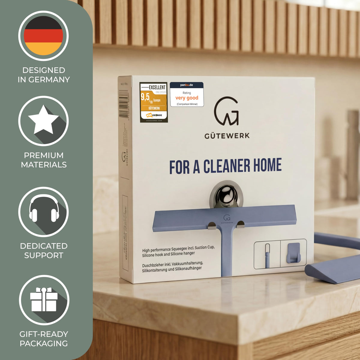 GÜTEWERK silicone blade delivers streak-free drying on glass.