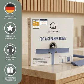 GÜTEWERK silicone blade delivers streak-free drying on glass.