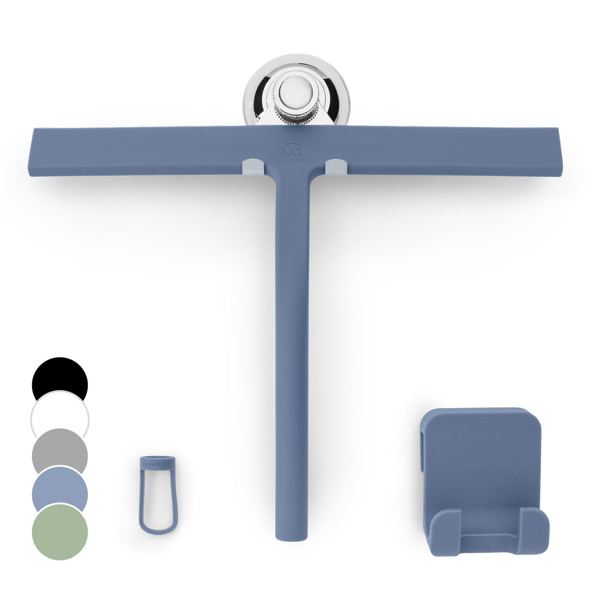 GÜTEWERK silicone shower squeegee with strong suction hook for simple wall mounting.