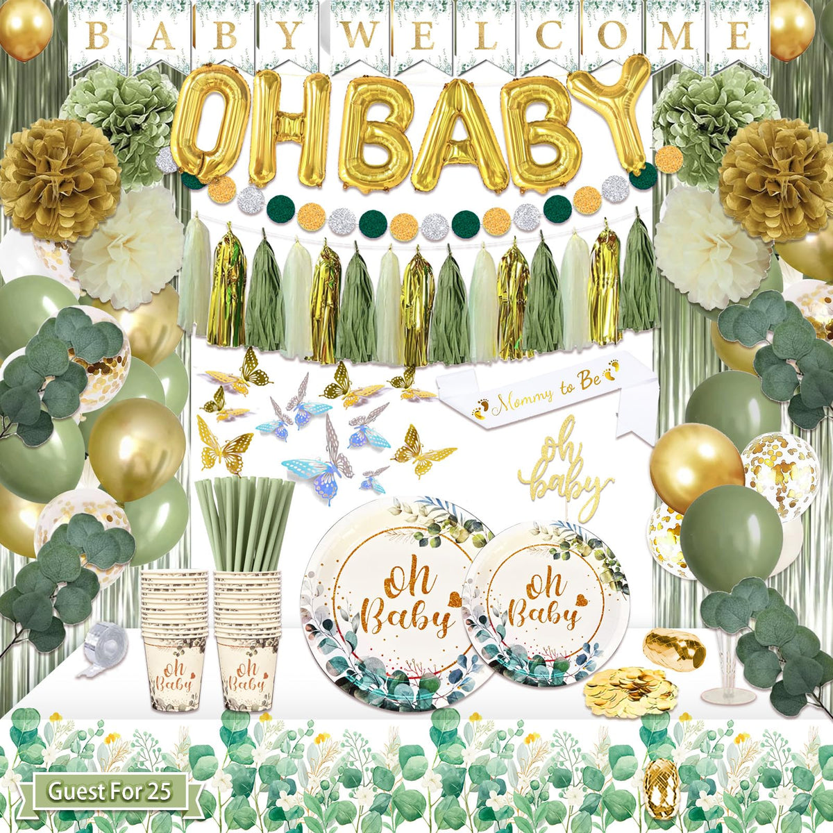 Guudmua 217-piece sage green baby shower decorations create a cohesive neutral theme.