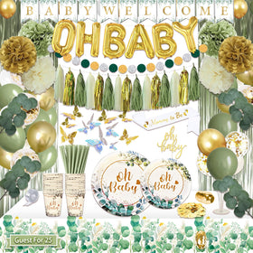 Guudmua 217-piece sage green baby shower decorations create a cohesive neutral theme.