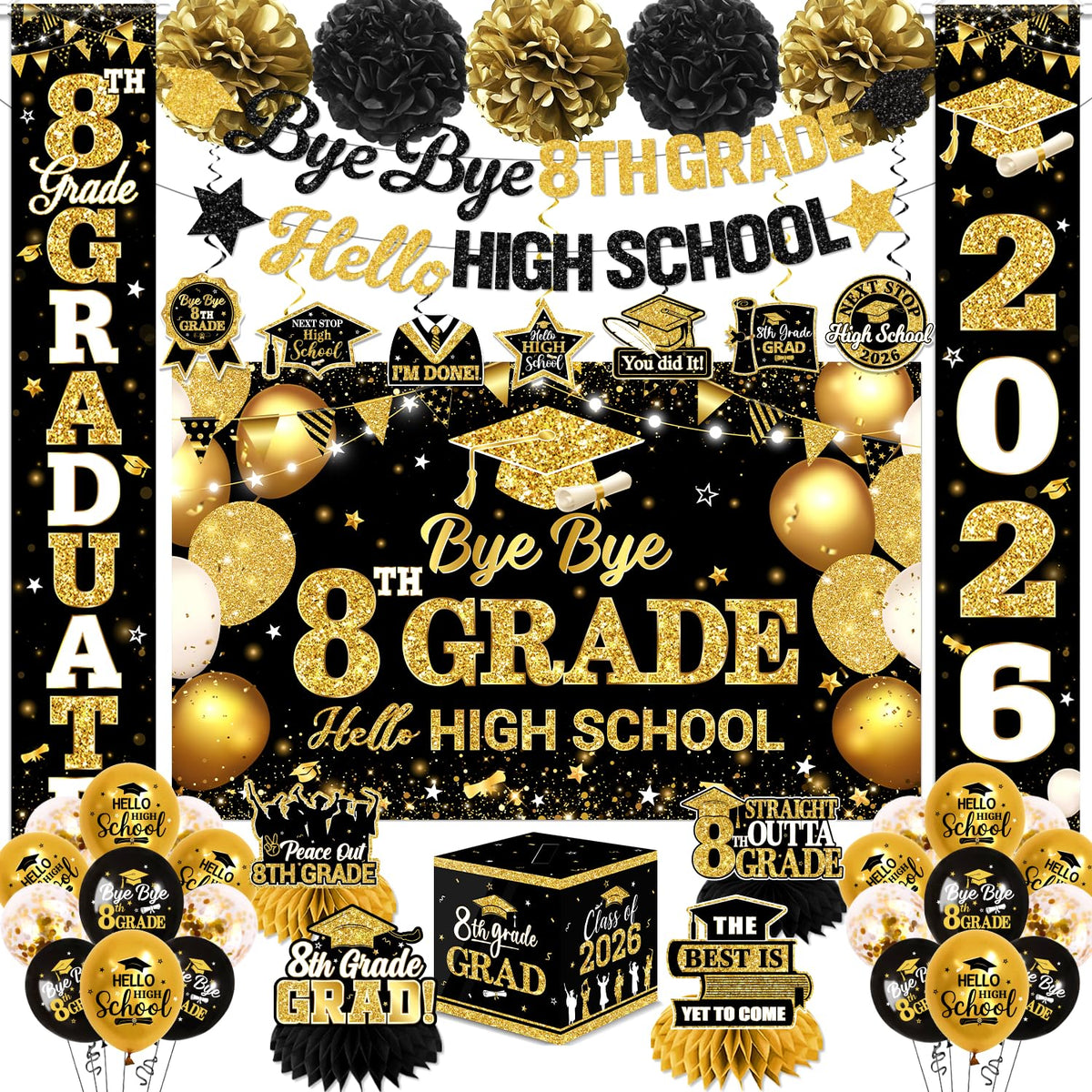 Guzbewu 8th Grade banner in black and gold for memorable graduation photos.