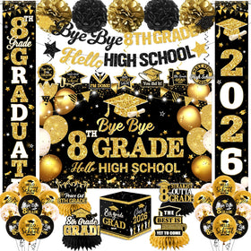 Guzbewu 8th Grade banner in black and gold for memorable graduation photos.