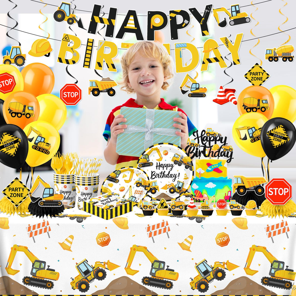Guzbewu 9-inch construction plates feature bold dump trucks and cranes for sturdy serving.