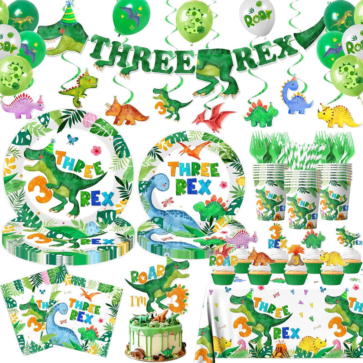 Guzbewu Three Rex banner for a bold dinosaur birthday backdrop.