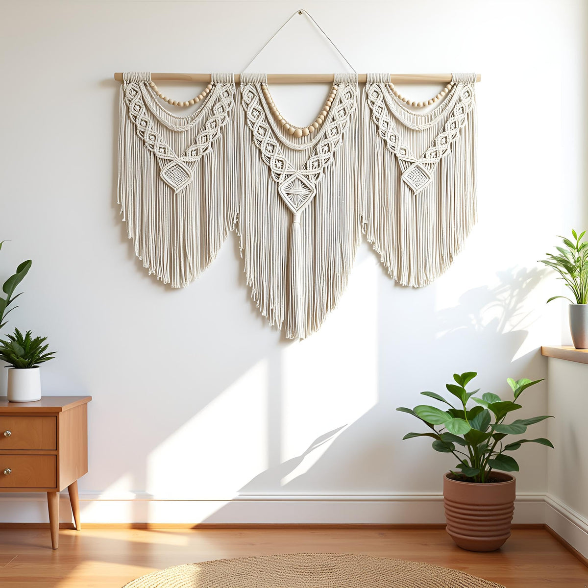 Guzhiou macrame wall decor in living space adds warm focal point.