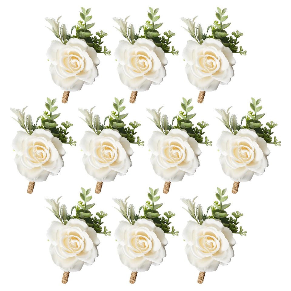 Gvhntk Ivory Rose Boutonniere front view with lifelike petals for wedding day elegance.