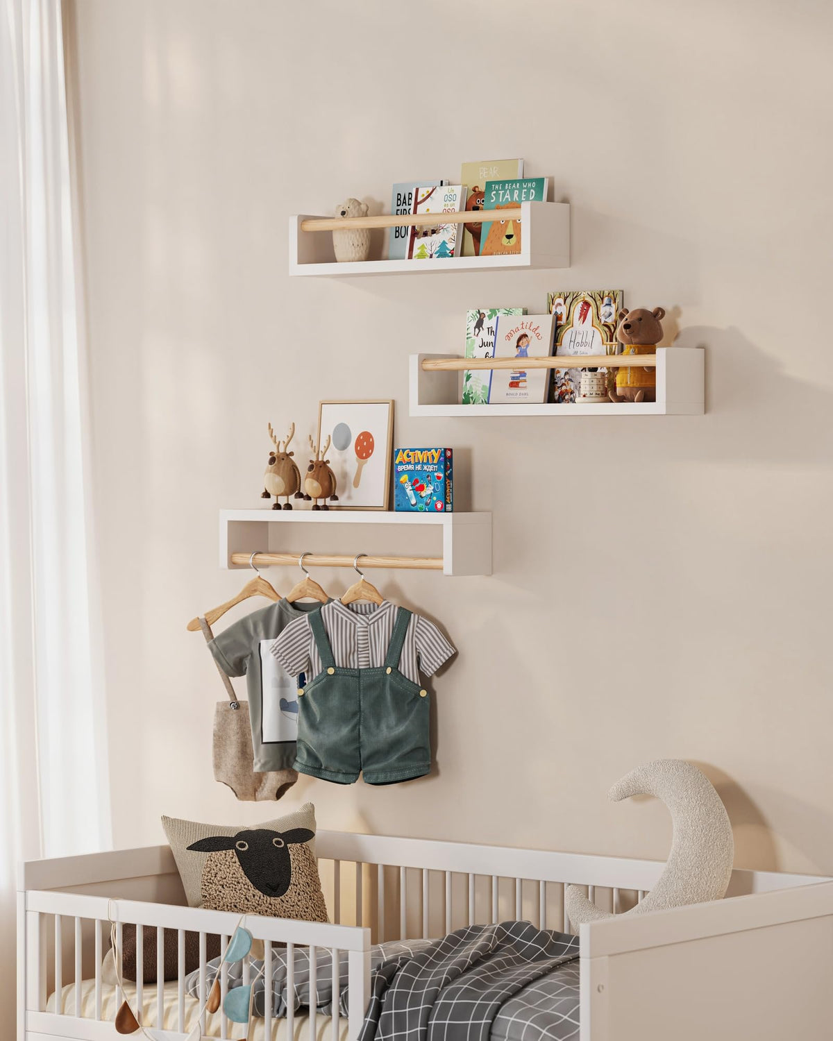 G&amp;W Gruwald wall shelves in a sunny kid's bedroom for easy display.