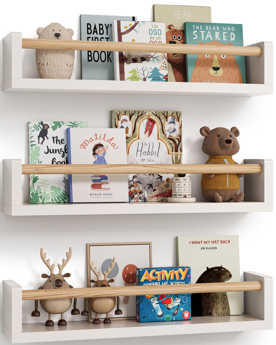 G&amp;W Gruwald nursery book shelves assembly closeup showing sturdy wall mount.