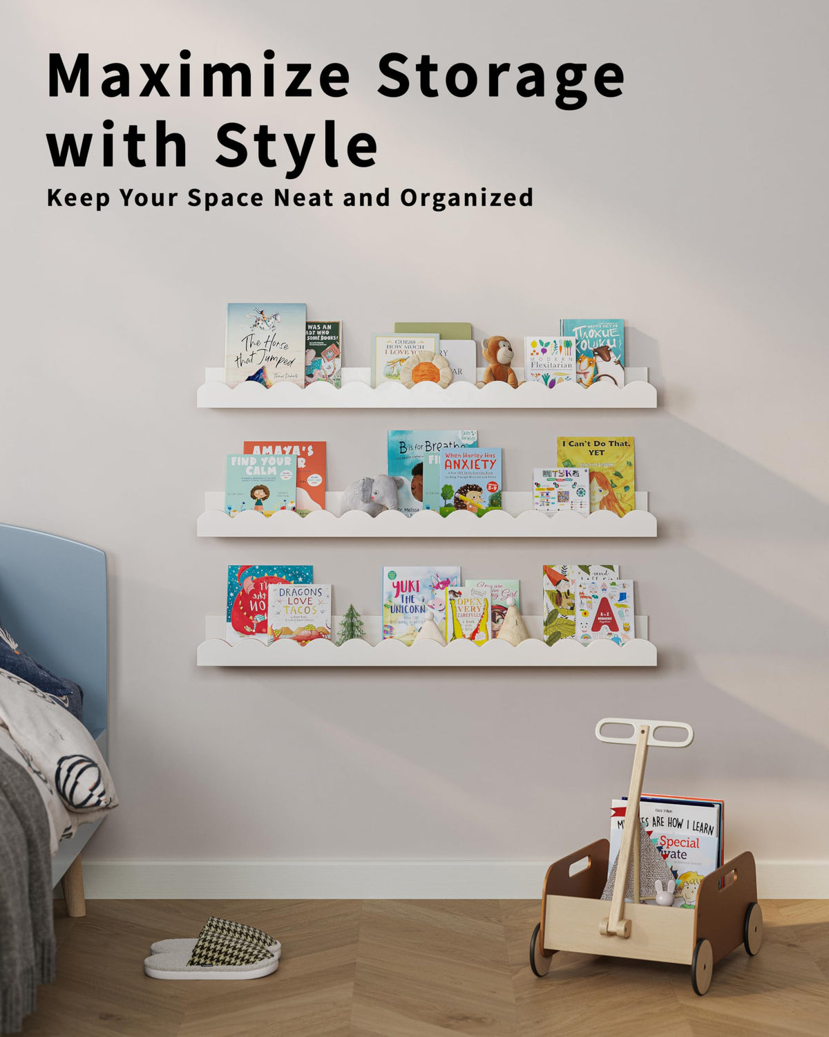 G&W Gruwald shelves enhance bedroom or kids room organization.