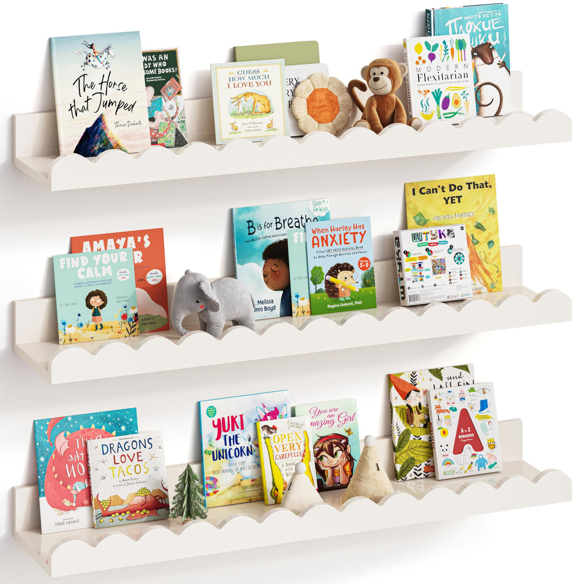 G&W Gruwald nursery shelves with scalloped edges organize books.