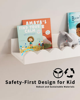 G&W Gruwald wall-mounted shelves save floor space in kids rooms.