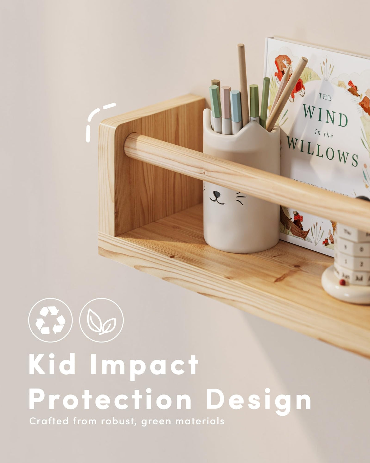 G&amp;W Gruwald wood finish detail of nursery shelves for warm, natural room decor